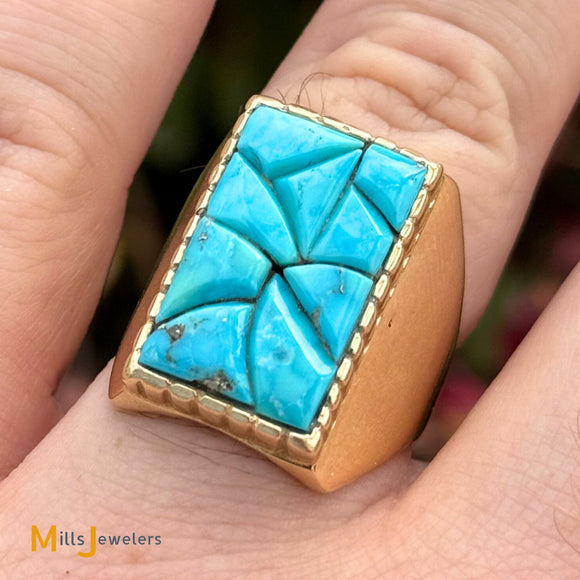 14K Yellow Gold Turquoise Mosaic Ring Size 9.5