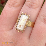 Antique 14k Yellow Gold Hand-Carved Coral Cameo Ring Size 8.25