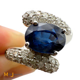 14k White Gold 1.54ct Blue Sapphire and 0.84ctw Diamond Cocktail Bypass Ring Size 6.5