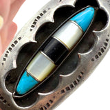 Vintage Sterling Silver 925 Mother of Pearl, Onyx, and Turquoise Shadowbox Ring Size 8.25