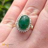 14K Yellow Gold 3.33ct Oval Cabochon Emerald 0.42ctw Diamond Cocktail Ring Size 7