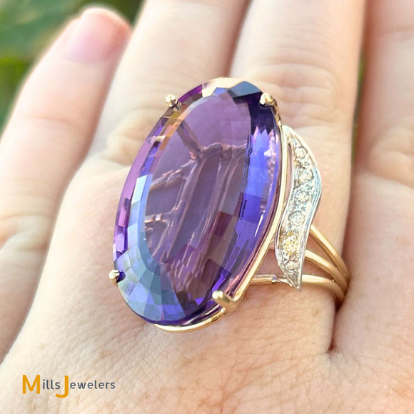 14K Two-Tone Yellow and White Gold Oval-Shaped 29ct Amethyst and 0.36ctw Diamond Cocktail Ring Size 8.25