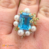 14K Yellow Gold Blue Topaz Pearl Citrine Diamond Cluster Cocktail Ring Size 8.25