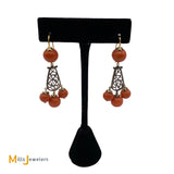 Antique Two-Tone 14K Yellow Gold Sterling Silver Coral Dangle Earrings