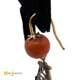 Antique Two-Tone 14K Yellow Gold Sterling Silver Coral Dangle Earrings