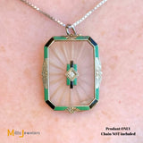 Vintage Art Deco 14k White Gold 0.02ct Diamond, Rock Crystal, and Enamel Pendant