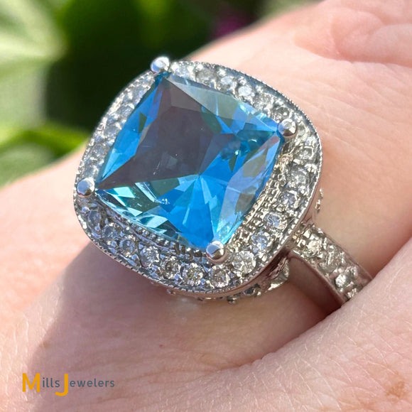 14K White Gold 4ct Cushion Cut Swiss Blue Topaz and 0.55ctw Diamond Halo Cocktail Ring Size 7