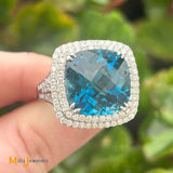 14K White Gold EFFY 12.30ct London Blue Topaz 1.20ctw Diamond Halo Cocktail Ring Size 9.5