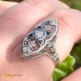 Vintage 18K White Gold Synthetic Blue Sapphire and 0.09ctw Diamond Art Deco Ring Size 6.5