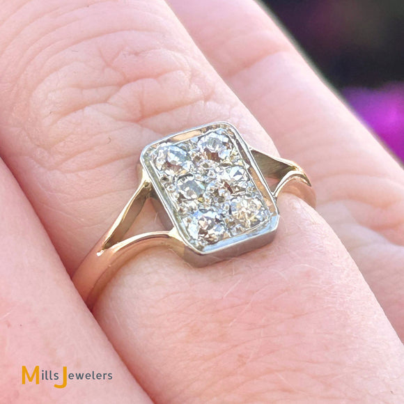 Antique 9K Yellow Gold 0.42ctw Diamond Rectangle Cluster Pave Ring Size 6