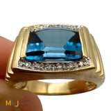14K Yellow Gold 3.53cts Blue Topaz 0.06ctw Diamond Signet Ring Size 10.75