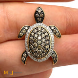 Signed 10K Two-tone Gold 0.58ctw Multicolor Diamond Turtle Pendant