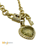18K Yellow Gold 6.34ct Cushion Cut Green Citrine and 1.38ctw Diamond Heart Lock and Key Charm Necklace 16"