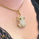 18K & 14K Yellow Gold Large 3.65ctw Diamond Frog Dangle Pendant With Emerald Eyes