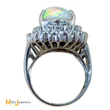 Vintage 18K White Gold Australian Fire Opal Double Diamond Halo Cocktail Ring Size 5.25