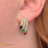 14k Yellow Gold 0.84ctw Diamond Ruby Sapphire Emerald Multi-Row Cluster Drop Earrings