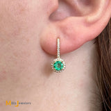 14K Yellow Gold 0.27ctw Diamond and 0.60ctw Emerald Halo Lever-Back Earrings