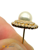 Signed 14K Yellow Gold Pearl and 0.42ctw Diamond Double Halo Post Earrings