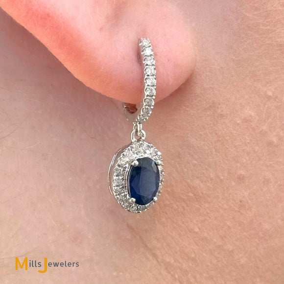 CJ Charles 14K White Gold 1.56ctw Sapphire and 0.27ctw Diamond Dangle Huggie Earrings
