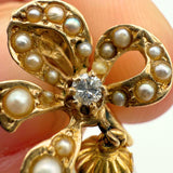 Vintage 14K Yellow Gold 0.12ctw Diamond and Seed Pearl Bow Screw Back Dangle Earrings