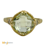 I.REISS 14K Yellow Gold 2.60ct Cushion Cut Prasiolite and 0.03ctw Diamond Cocktail Ring Size 8.5