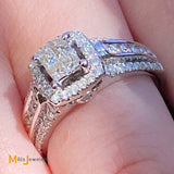 14K White Gold 1.04ctw Princess Cut and Round Brilliant Diamond Ring Size 6.75