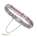 Antique 18K White Gold 1.92ctw Diamond and 15.84ctw Ruby Art Deco Link Bracelet 6.5"