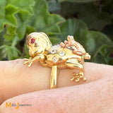 14K Tri-Tone Double Frog Moveable Diamond and Ruby Cocktail Ring Size 6
