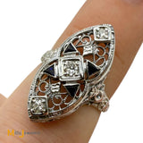 Vintage 18K White Gold Synthetic Blue Sapphire and 0.09ctw Diamond Art Deco Ring Size 6.5
