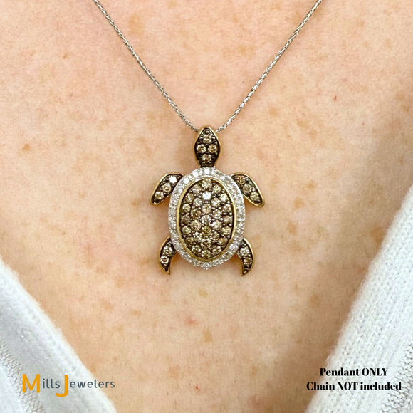 Signed 10K Two-tone Gold 0.58ctw Multicolor Diamond Turtle Pendant
