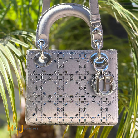 Dior Mini Lady Dior Gray Strass Satin Cannage Crossbody Bag