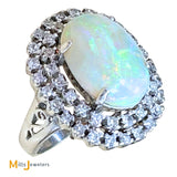 Vintage 18K White Gold Australian Fire Opal Double Diamond Halo Cocktail Ring Size 5.25