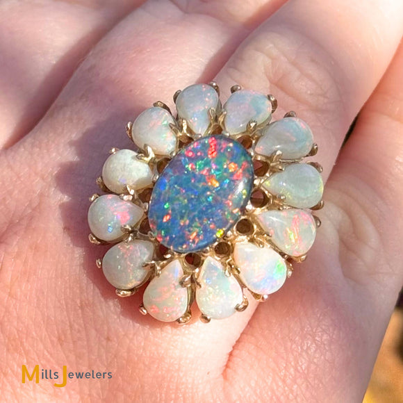 Vintage Signed 18K Yellow Gold Doublet Opal and Australian Fire Opal Cluster Cocktail Ring Size 6.75