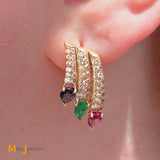 14k Yellow Gold 0.84ctw Diamond Ruby Sapphire Emerald Multi-Row Cluster Drop Earrings