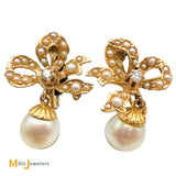 Vintage 14K Yellow Gold 0.12ctw Diamond and Seed Pearl Bow Screw Back Dangle Earrings