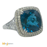 14K White Gold EFFY 12.30ct London Blue Topaz 1.20ctw Diamond Halo Cocktail Ring Size 9.5