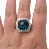 14K White Gold EFFY 12.30ct London Blue Topaz 1.20ctw Diamond Halo Cocktail Ring Size 9.5
