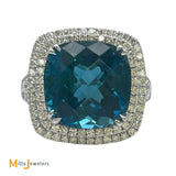 14K White Gold EFFY 12.30ct London Blue Topaz 1.20ctw Diamond Halo Cocktail Ring Size 9.5