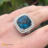 14K White Gold EFFY 12.30ct London Blue Topaz 1.20ctw Diamond Halo Cocktail Ring Size 9.5