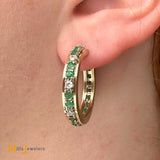 14k Yellow Gold 0.32ctw Diamond and 1.20ctw Emerald Hoop Earrings