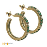 14k Yellow Gold 0.32ctw Diamond and 1.20ctw Emerald Hoop Earrings