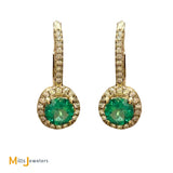 14K Yellow Gold 0.27ctw Diamond and 0.60ctw Emerald Halo Lever-Back Earrings