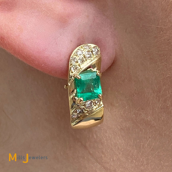 14K Yellow Gold 1.84cts Emerald 0.38cts Diamond Omega Back Earrings