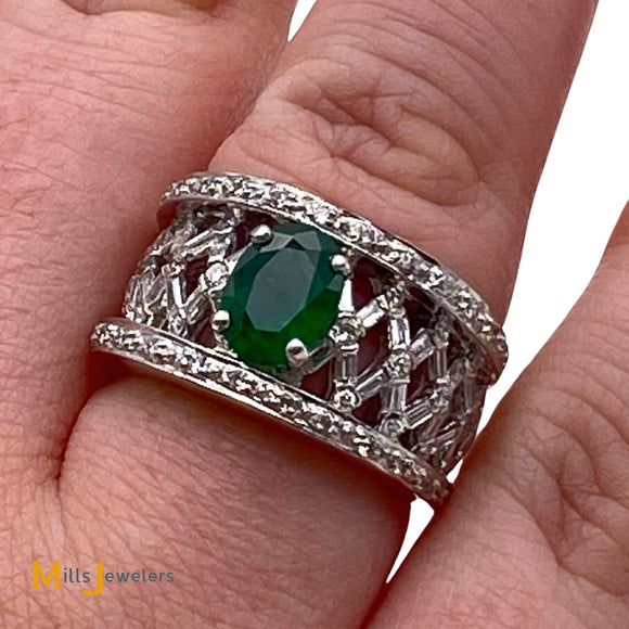 18K White Gold 1.25ct Emerald 0.79cts Diamond Ring Band Size 5.5