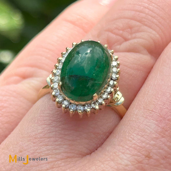 14K Yellow Gold 3.33ct Oval Cabochon Emerald 0.42ctw Diamond Cocktail Ring Size 7