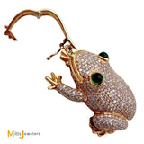 18K & 14K Yellow Gold Large 3.65ctw Diamond Frog Dangle Pendant With Emerald Eyes