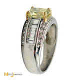 18K Two-Tone White and Yellow Gold GIA Certified 1.59ct Rectangular-Modified Brilliant Fancy Yellow Diamond Ring Size 7