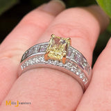 18K Two-Tone White and Yellow Gold GIA Certified 1.59ct Rectangular-Modified Brilliant Fancy Yellow Diamond Ring Size 7