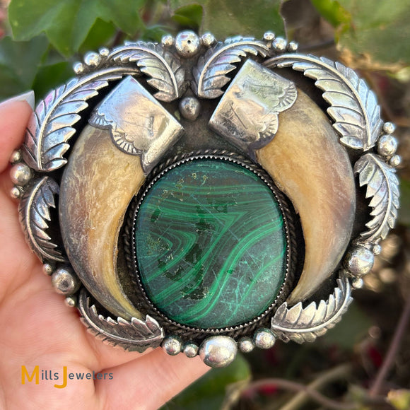 Signed Billy Slim Navajo Faux Bear Claw and Malachite Sterling Silver 925 Large Belt Buckle