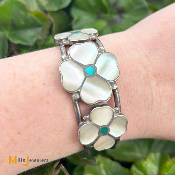 Signed Zuni Mother of Pearl & Turquoise Floral Sterling Silver 925 Cuff Bracelet
